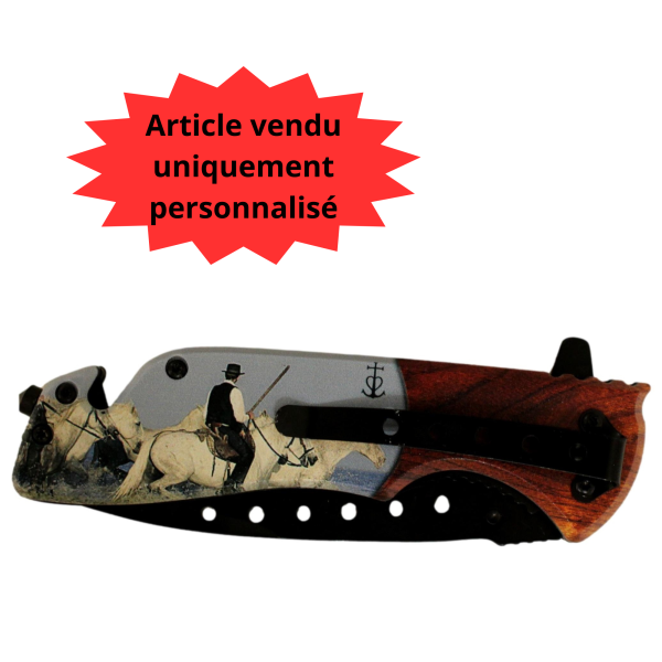 Couteau Camargue décor Chevaux personnalisable - Gravure laser