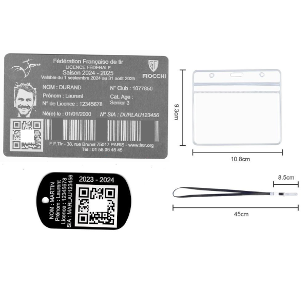 Gravure Laser Licence Tir argentée FFTir+Porte-clé TAG Militaire Noir
