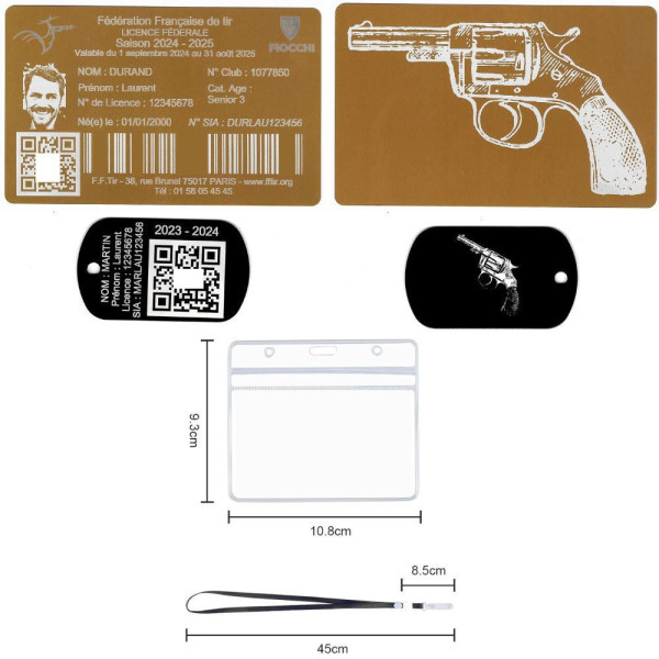Gravure Laser Licence Tir doré FFTir+Porte clé TAG Militaire Noir