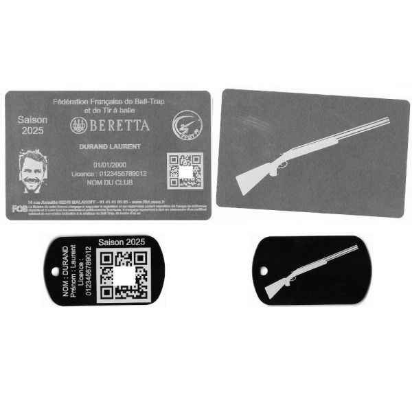 Gravure Laser Licence Tir FFBT argent + Porte clé TAG Militaire Noir