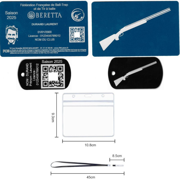 Gravure Laser Licence Tir FFBT bleu + Porte-clé TAG Militaire Noir