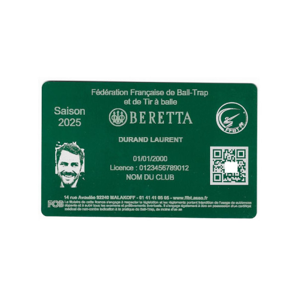 Licence de Ball-Trap vert en aluminium gravé au laser - Format CB