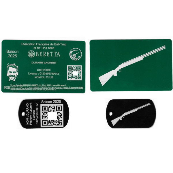 Gravure Laser Licence Tir FFBT vert  + Porte clé TAG Militaire Noir