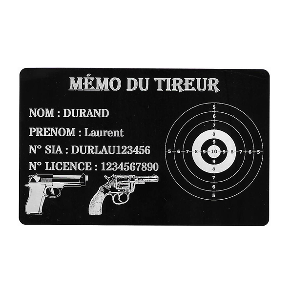 Mémo tireur sportif FFT ou FFBT en aluminium gravé au laser Recto