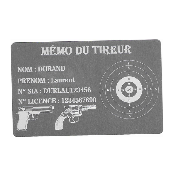 Mémo tireur sportif FFT ou FFBT en aluminium gravé au laser Recto