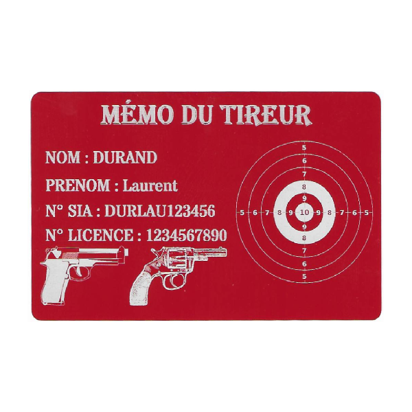 Mémo tireur sportif FFT ou FFBT en aluminium gravé au laser Recto