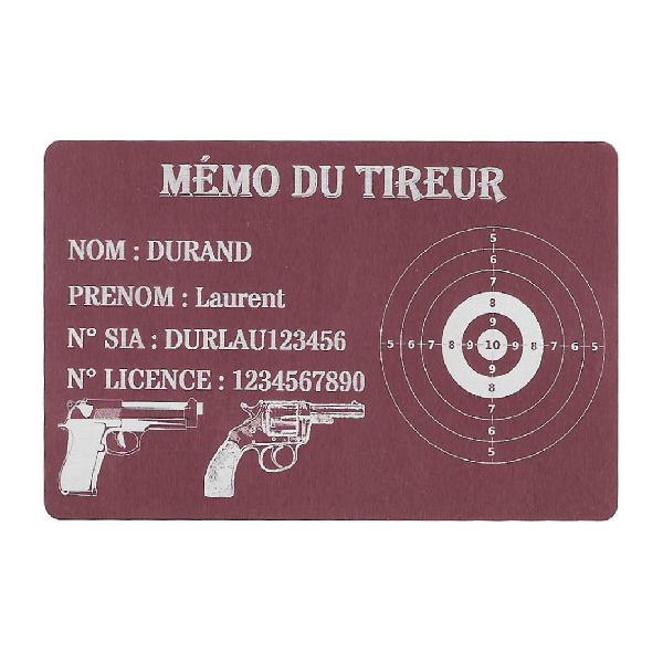 Mémo tireur sportif FFT ou FFBT en aluminium gravé au laser Recto