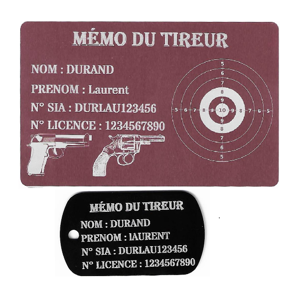 Gravure Laser Mémo tireur sportif (FFT ou FFBT) + Porté clé TAG