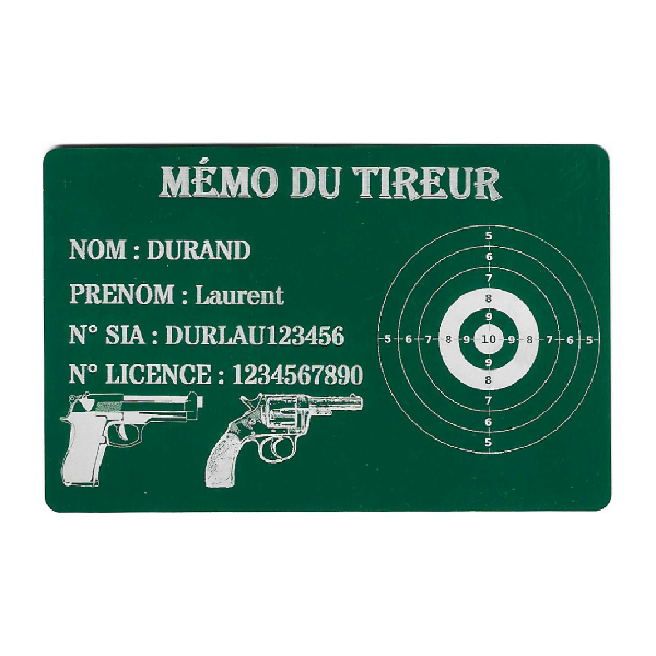 Mémo tireur sportif FFT ou FFBT en aluminium gravé au laser Recto