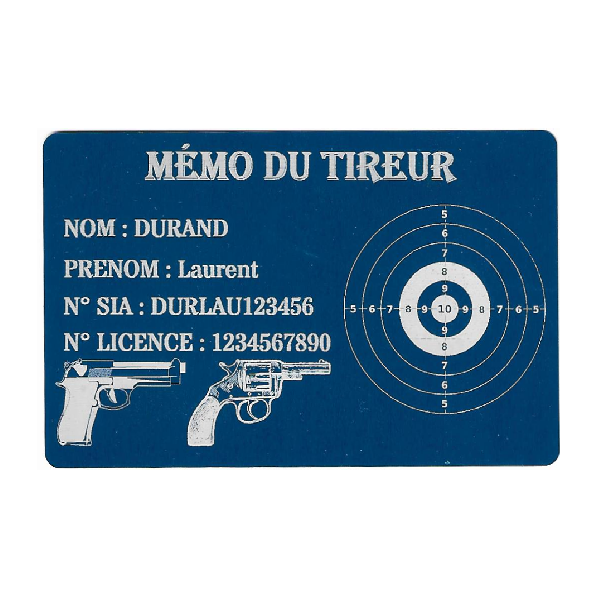 Mémo tireur sportif FFT ou FFBT en aluminium gravé au laser Recto
