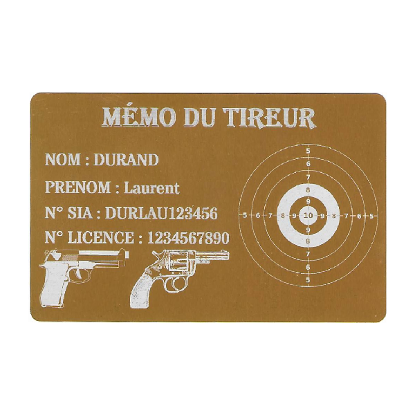 Mémo tireur sportif FFT ou FFBT en aluminium gravé au laser Recto