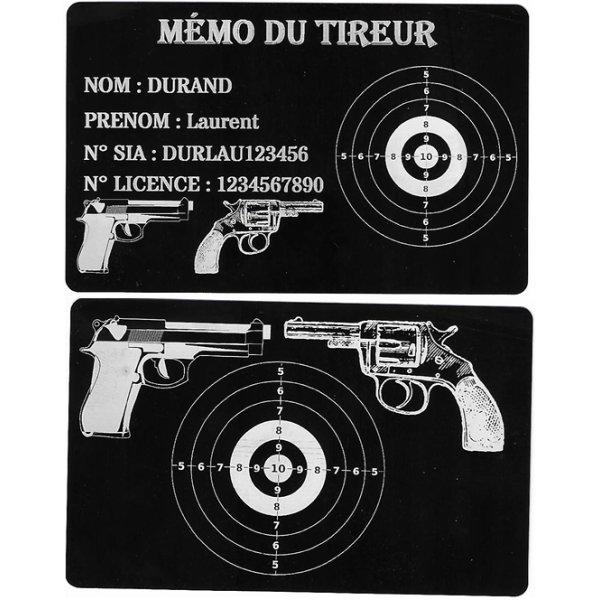 Mémo tireur sportif FFT ou FFBT en aluminium gravé au laser R / V