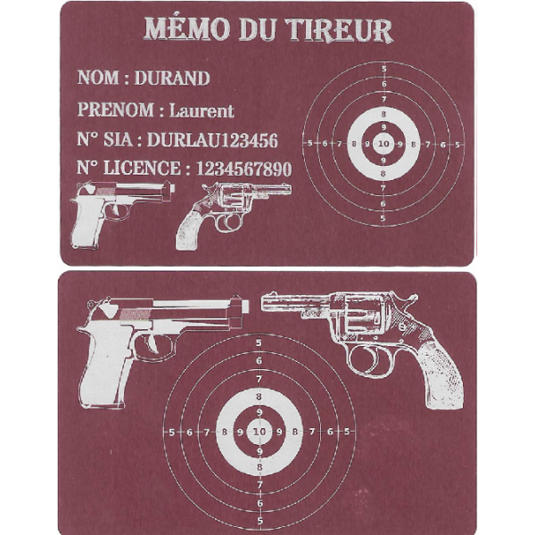 Mémo tireur sportif FFT ou FFBT en aluminium gravé au laser R / V