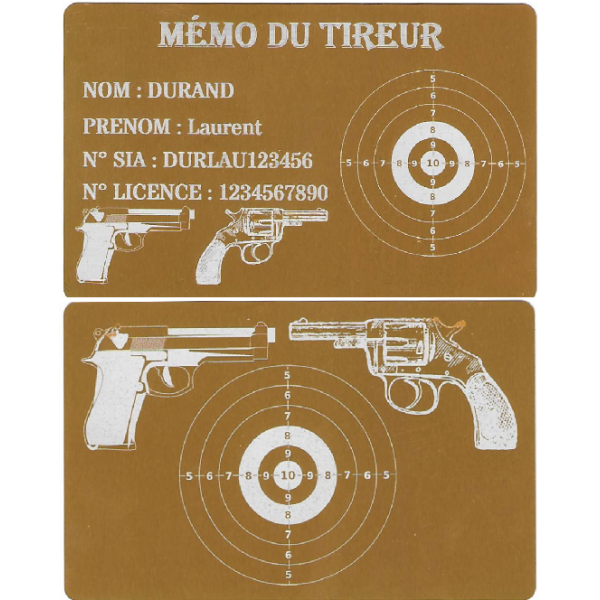 Mémo tireur sportif FFT ou FFBT en aluminium gravé au laser R / V