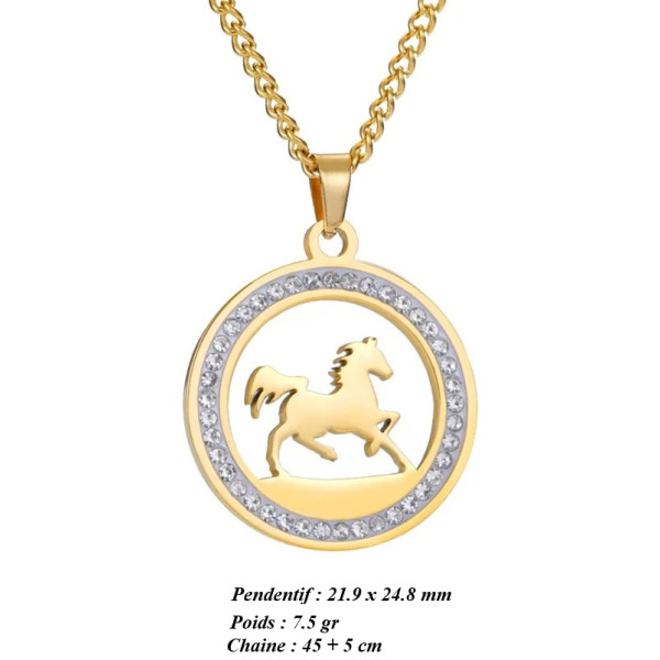 Collier cheval doré personnalisable – Bijou élégant avec pendentif rond et strass
