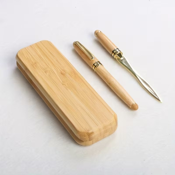 Coffret stylos et ouvre-lettre en bois personnalisable – Cadeau élégant gravé