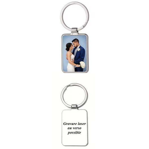 Porte-clés métallique rectangulaire personnalisable – Photo couleur et gravure laser