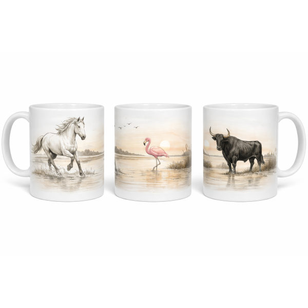 Mug Camargue 325 ml – Cheval, Taureau et Flamant rose au coucher de soleil