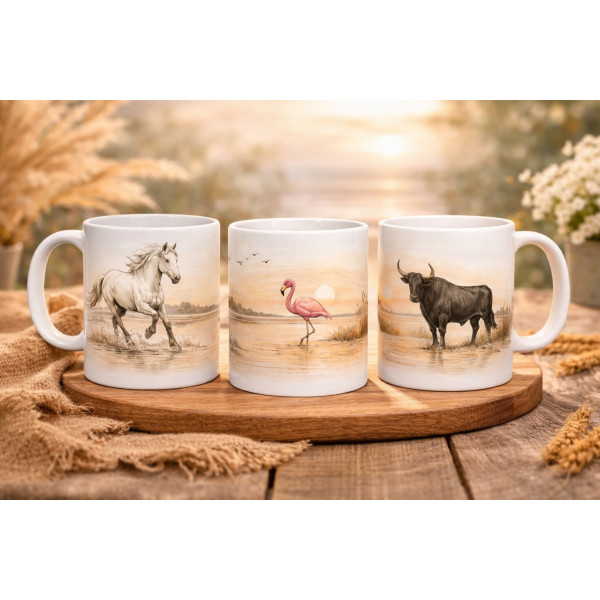 Mug Camargue 325 ml – Cheval, Taureau et Flamant rose au coucher de soleil