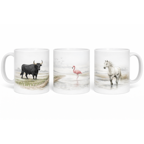 Mug Camargue 325 ml – Cheval, Taureaux et Flamant dans les marées