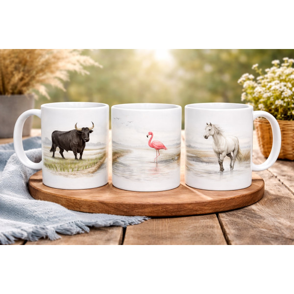 Mug Camargue 325 ml – Cheval, Taureaux et Flamant dans les marées