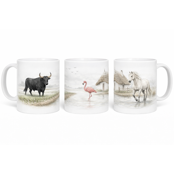 Mug Camargue 325 ml – Cheval, Taureaux et Flamant avec cabane de Gardian