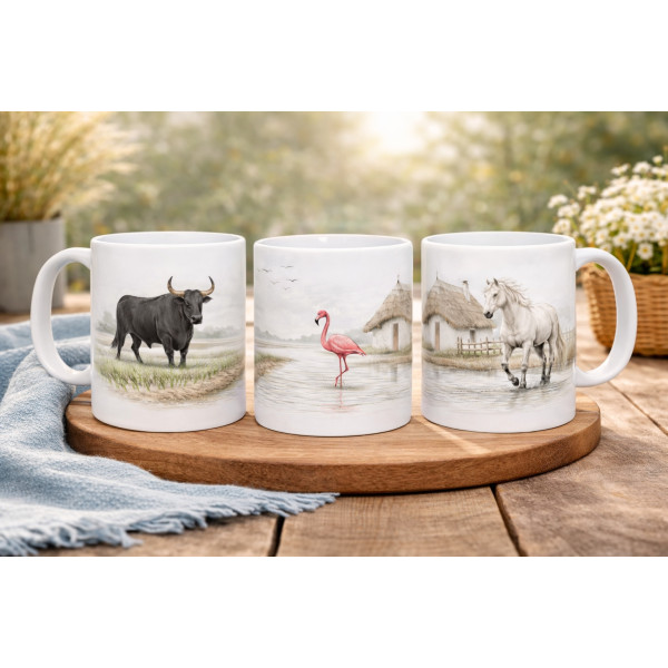 Mug Camargue 325 ml – Cheval, Taureaux et Flamant avec cabane de Gardian