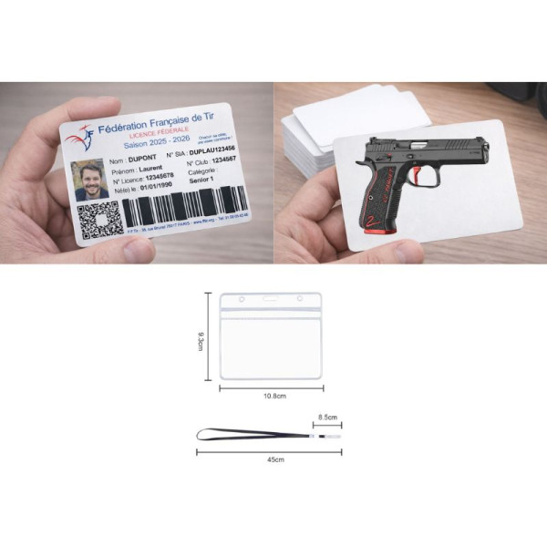 Licence de tir couleur sur carte aluminium recto verso + tour de cou Sublimation