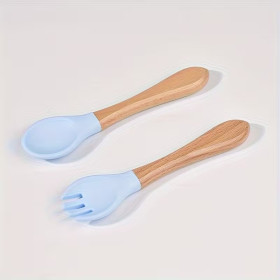 Ustensiles bébé silicone bleu aqua et bois | Lot de 2