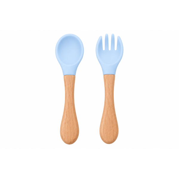 Ustensiles bébé silicone bleu aqua et bois | Lot de 2