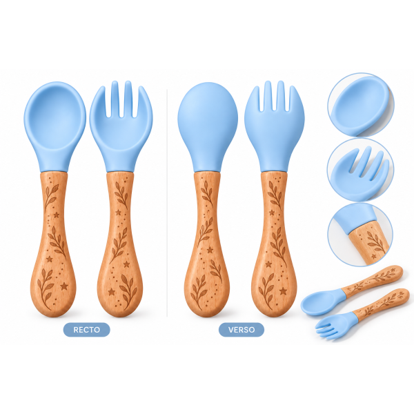 Ustensiles bébé silicone bleu aqua et bois | Lot de 2