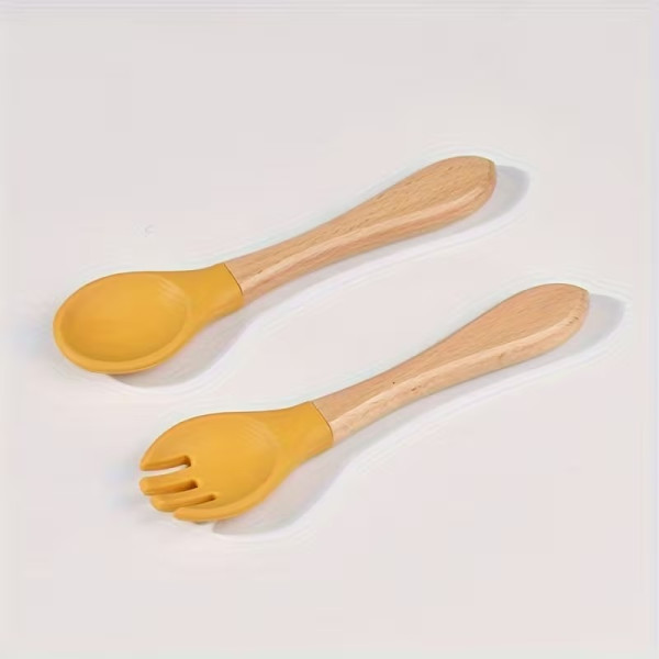 Ustensiles bébé silicone  jaune Mangue et bois | Lot de 2