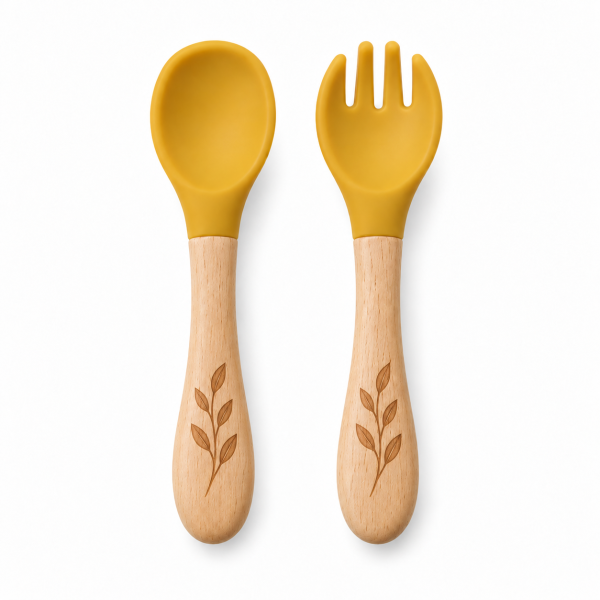 Ustensiles bébé silicone  jaune Mangue et bois | Lot de 2