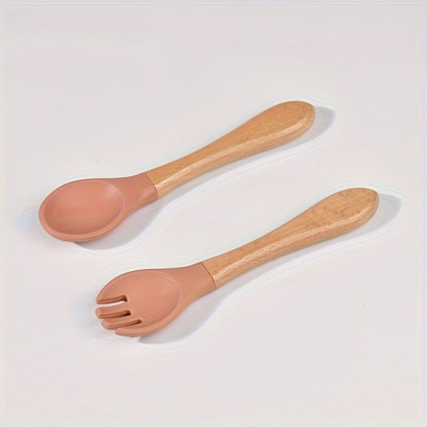 Ustensiles bébé silicone Orange Rose et bois | Lot de 2