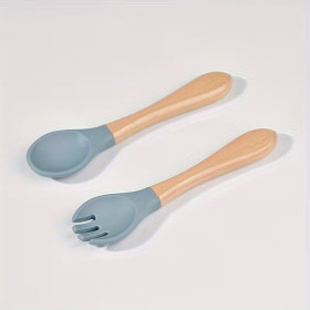 Ustensiles bébé silicone gris-bleu et bois | Lot de 2