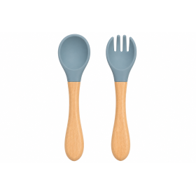 Ustensiles bébé silicone gris-bleu et bois | Lot de 2
