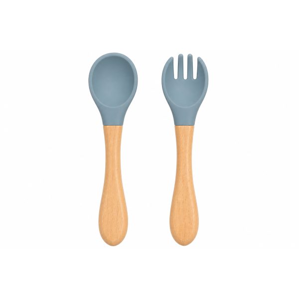 Ustensiles bébé silicone gris-bleu et bois | Lot de 2