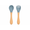 Ustensiles bébé silicone gris-bleu et bois | Lot de 2