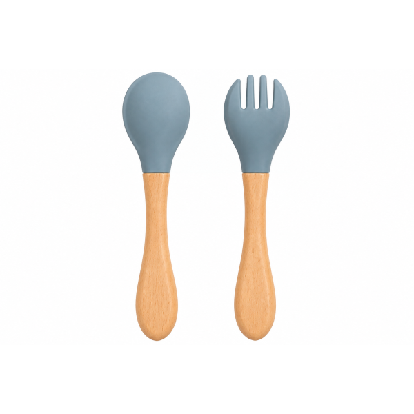 Ustensiles bébé silicone gris-bleu et bois | Lot de 2