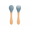 Ustensiles bébé silicone gris-bleu et bois | Lot de 2