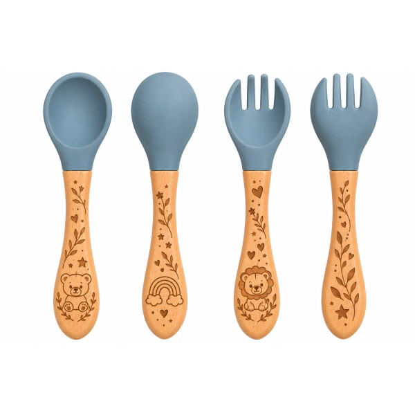 Ustensiles bébé silicone gris-bleu et bois | Lot de 2