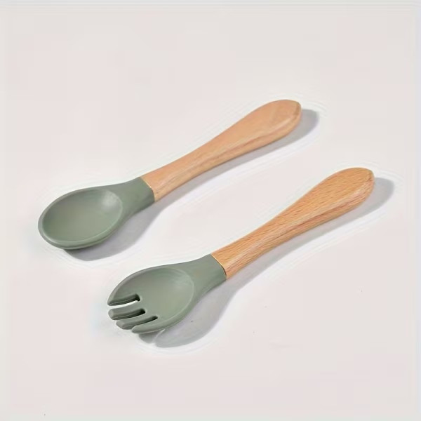 Ustensiles bébé silicone Olive verte et bois | Lot de 2