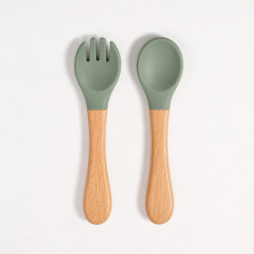 Ustensiles bébé silicone Olive verte et bois | Lot de 2