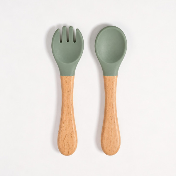 Ustensiles bébé silicone Olive verte et bois | Lot de 2