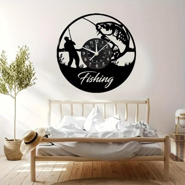 Horloge murale LED pêcheur silencieuse en vinyle | Cadeau pêche