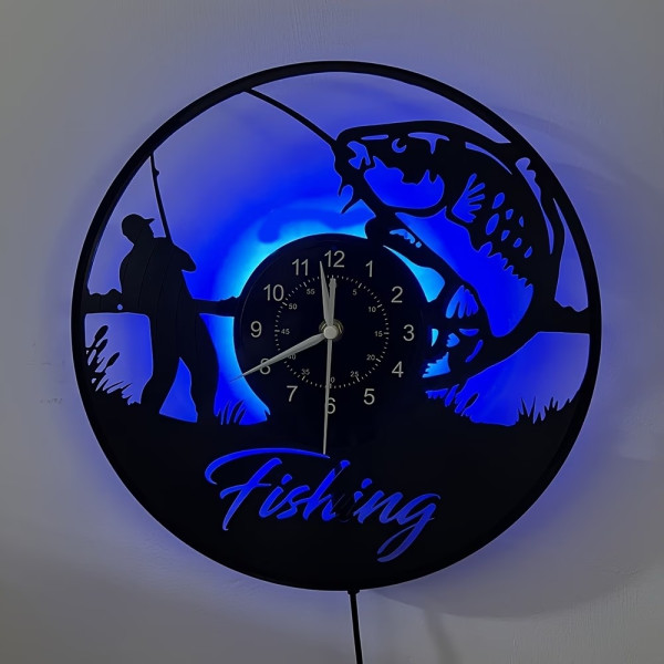 Horloge murale LED pêcheur silencieuse en vinyle | Cadeau pêche