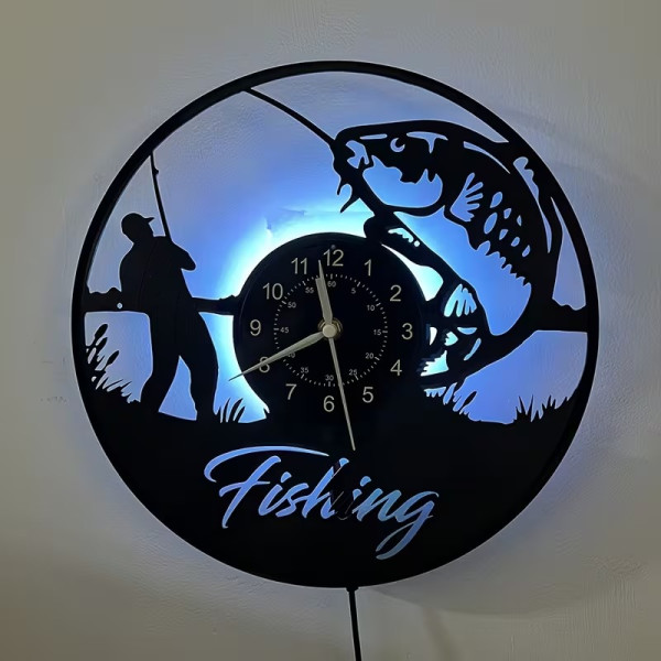 Horloge murale LED pêcheur silencieuse en vinyle | Cadeau pêche