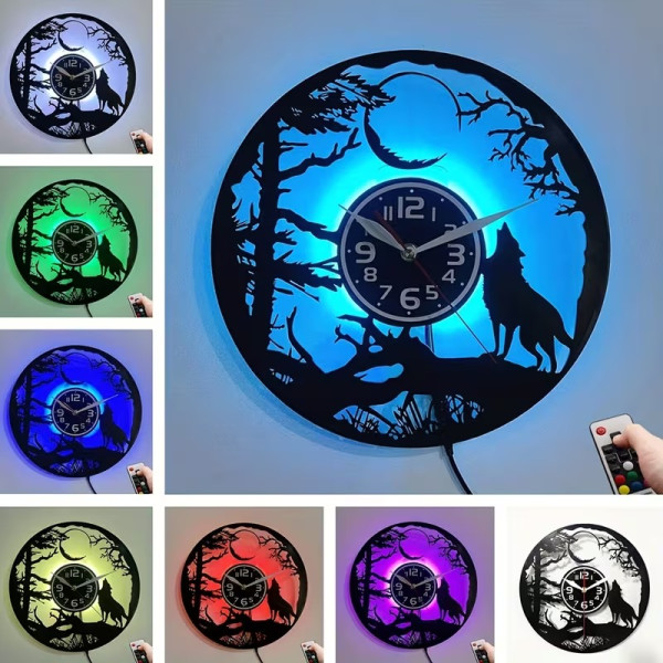 Horloge murale LED loup et lune en vinyle | Forêt nocturne