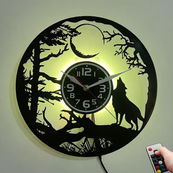 Horloge murale LED loup et lune en vinyle | Forêt nocturne