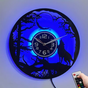 Horloge murale LED loup et lune en vinyle | Forêt nocturne